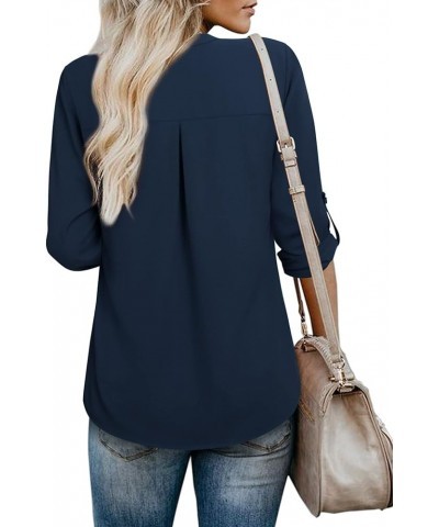 Women's Blouses 3/4 Sleeve Work Shirt Chiffon Tunic Top Office Wear Deep Blue $17.84 Blouses