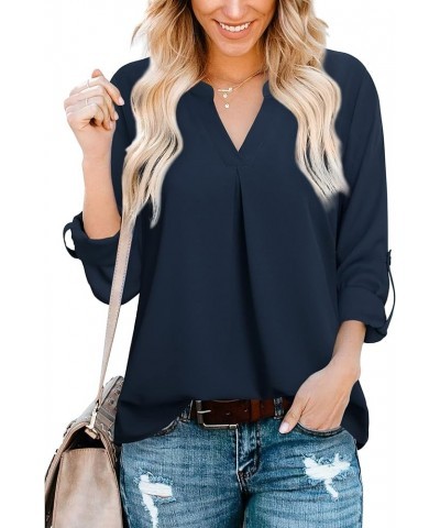 Women's Blouses 3/4 Sleeve Work Shirt Chiffon Tunic Top Office Wear Deep Blue $17.84 Blouses