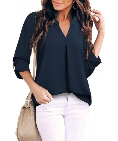 Women's Blouses 3/4 Sleeve Work Shirt Chiffon Tunic Top Office Wear Deep Blue $17.84 Blouses