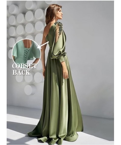 Long Sleeve One Shoulder Prom Dresses with Slit Satin Pleated Applique Formal Evening Party Gowns for Women Gold $33.32 Dresses