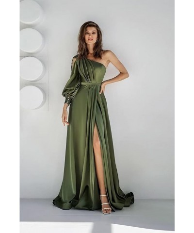 Long Sleeve One Shoulder Prom Dresses with Slit Satin Pleated Applique Formal Evening Party Gowns for Women Gold $33.32 Dresses