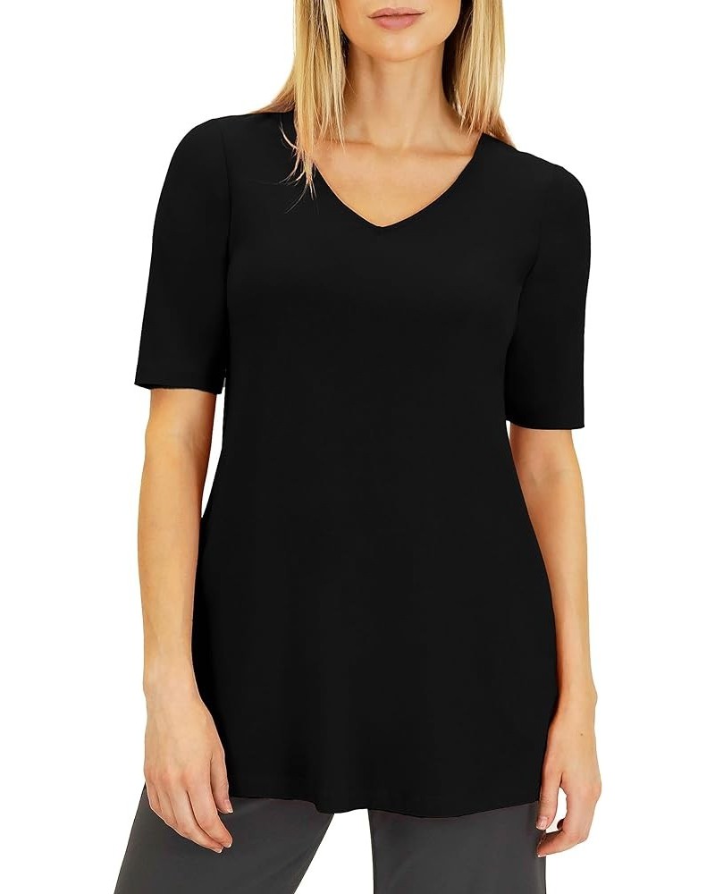 Women's Knit Elbow Sleeve V-Neck Tunic Top Comfy and Stylish Ladies A-Line Half Sleeve Tunic Top Perfect Travel Top Black $33...