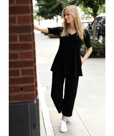 Women's Knit Elbow Sleeve V-Neck Tunic Top Comfy and Stylish Ladies A-Line Half Sleeve Tunic Top Perfect Travel Top Black $33...