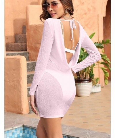 Women's Sexy Swimsuit Cover Ups Long Sleeve Backless Swimwear Coverup Beach Dress Pink $12.97 Swimsuits