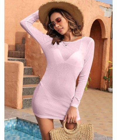 Women's Sexy Swimsuit Cover Ups Long Sleeve Backless Swimwear Coverup Beach Dress Pink $12.97 Swimsuits