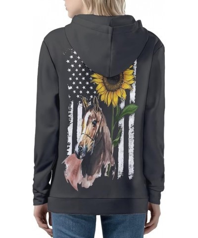 Novelty Print Hoodie with Pocket for Women Long Sleeve Fall Oversized Sweatshirts Casual Hooded Jacket Horse American Flag Su...