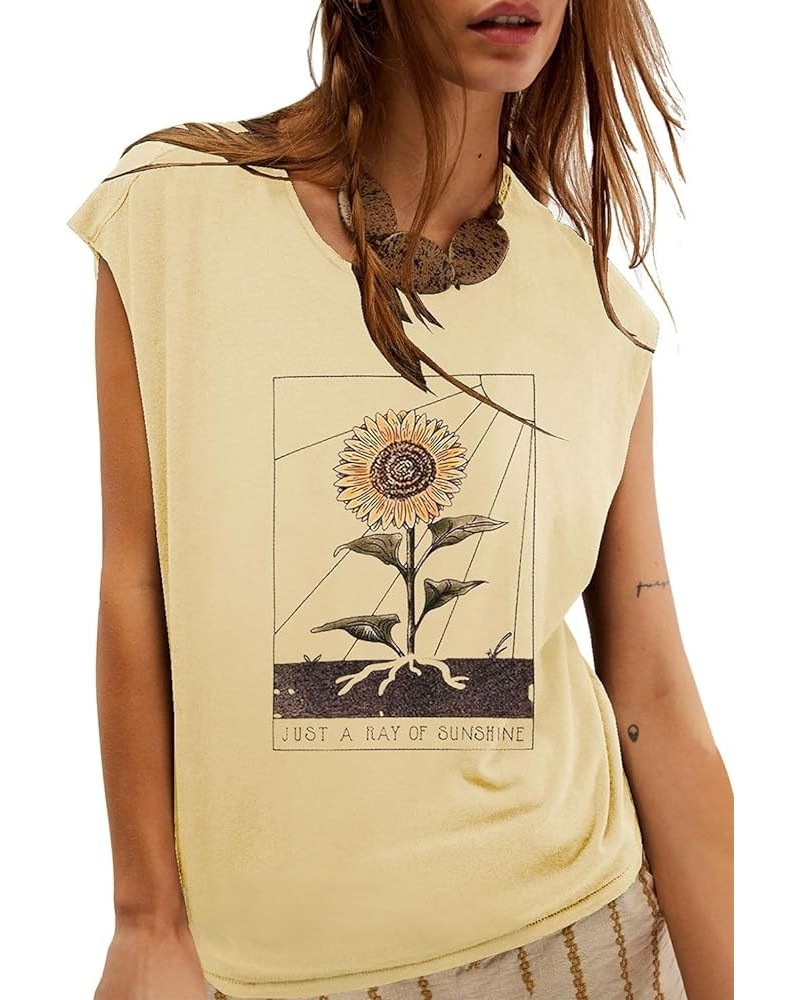 Tank Top for Women Cap Sleeve Crew Neck Floral Pritned Oversized Tops Summer Casual Loose Fit Cute Basic Shirt Sunflower Yell...