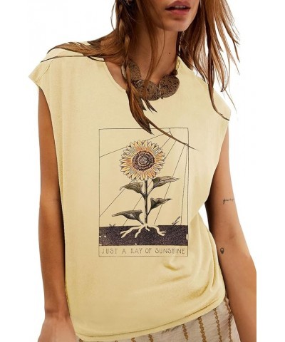 Tank Top for Women Cap Sleeve Crew Neck Floral Pritned Oversized Tops Summer Casual Loose Fit Cute Basic Shirt Sunflower Yell...