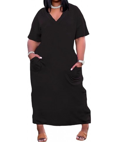 Women Casual T-Shirt Dress V Neck Short Sleeve with Front Two Pockets Solid Color Oversize Dress Black $17.84 Dresses