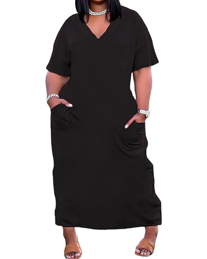 Women Casual T-Shirt Dress V Neck Short Sleeve with Front Two Pockets Solid Color Oversize Dress Black $17.84 Dresses