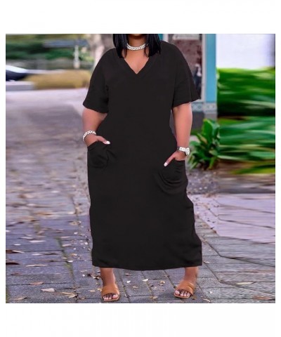 Women Casual T-Shirt Dress V Neck Short Sleeve with Front Two Pockets Solid Color Oversize Dress Black $17.84 Dresses