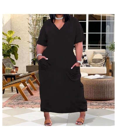 Women Casual T-Shirt Dress V Neck Short Sleeve with Front Two Pockets Solid Color Oversize Dress Black $17.84 Dresses