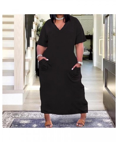 Women Casual T-Shirt Dress V Neck Short Sleeve with Front Two Pockets Solid Color Oversize Dress Black $17.84 Dresses