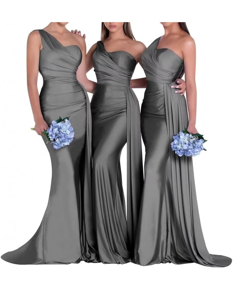 One Shoulder Mermaid Bridesmaid Dresses Long Prom Dresses Satin Formal Evening Gowns with Train Grey $26.39 Dresses