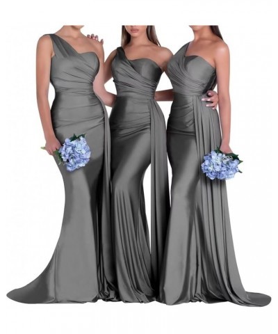 One Shoulder Mermaid Bridesmaid Dresses Long Prom Dresses Satin Formal Evening Gowns with Train Grey $26.39 Dresses