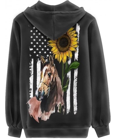 Novelty Print Hoodie with Pocket for Women Long Sleeve Fall Oversized Sweatshirts Casual Hooded Jacket Horse American Flag Su...