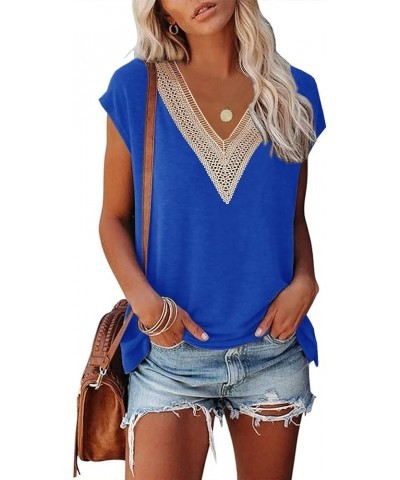 Basic Tops for Women 2023 Trendy Cap Sleeve Casual Shirts Floral Print Lace V Neck Loose Fit Blouses A-royal Blue $12.50 Tanks