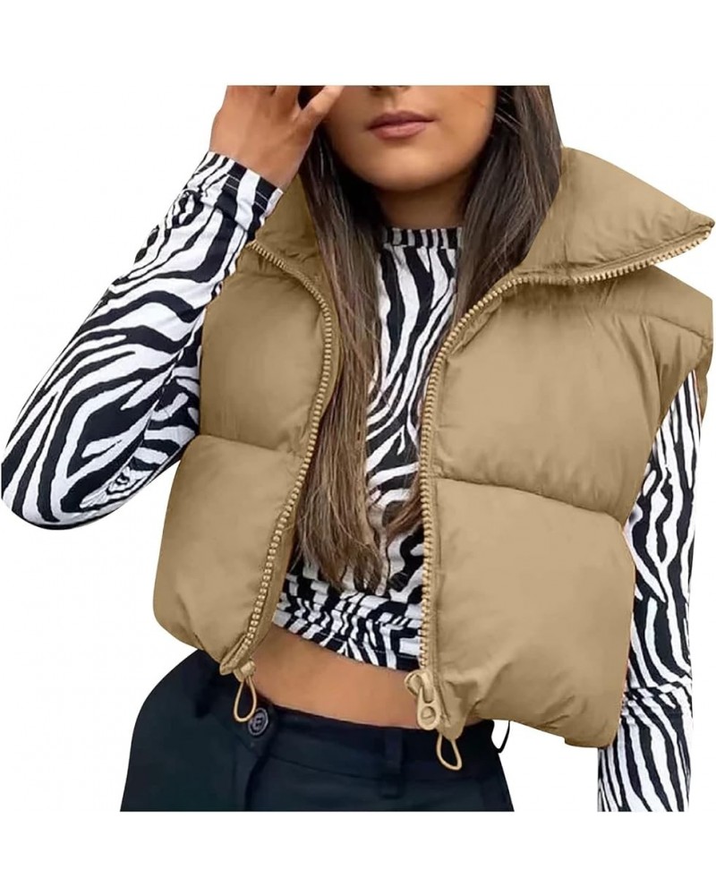 Womens Vest Warm Sleeveless Zip Up Jacket Coats Fashion Plus Size Winter Puffer Vest C-khaki $12.18 Vests