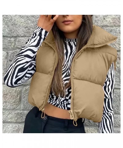 Womens Vest Warm Sleeveless Zip Up Jacket Coats Fashion Plus Size Winter Puffer Vest C-khaki $12.18 Vests