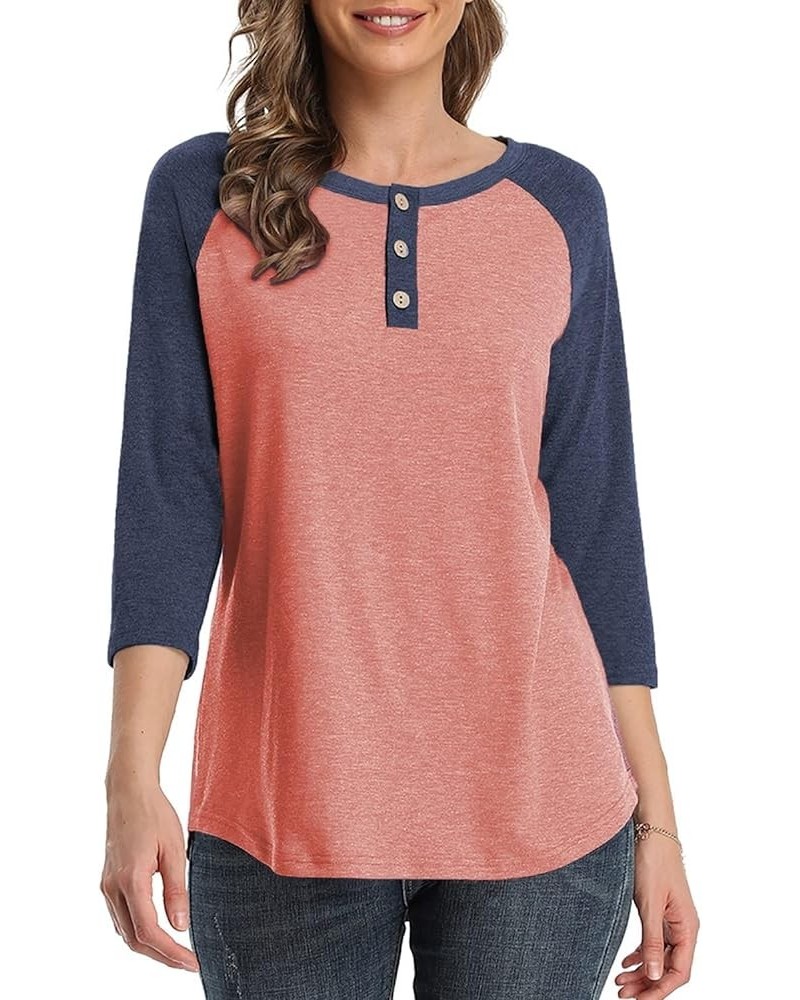 Women 3/4 Sleeve Shirts Casual V Neck Raglan Color Block Tops Button Up Blouse Navy Sleeve $12.59 Blouses