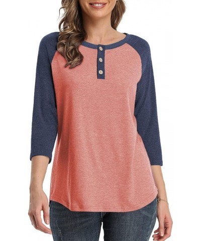 Women 3/4 Sleeve Shirts Casual V Neck Raglan Color Block Tops Button Up Blouse Navy Sleeve $12.59 Blouses