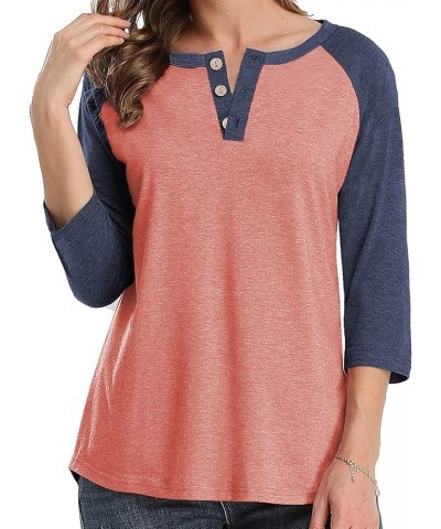 Women 3/4 Sleeve Shirts Casual V Neck Raglan Color Block Tops Button Up Blouse Navy Sleeve $12.59 Blouses