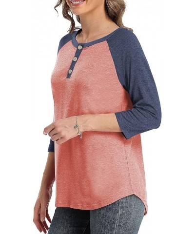 Women 3/4 Sleeve Shirts Casual V Neck Raglan Color Block Tops Button Up Blouse Navy Sleeve $12.59 Blouses