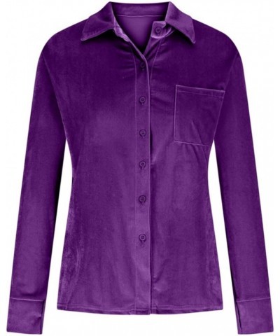 Womens Velvet Long Sleeve Shirts Solid V-Neck Button Down Blouses Tops Casual Elegant Clothing Purple $12.18 Tops