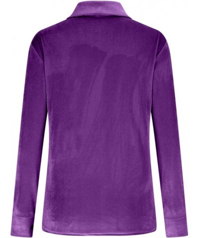 Womens Velvet Long Sleeve Shirts Solid V-Neck Button Down Blouses Tops Casual Elegant Clothing Purple $12.18 Tops