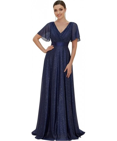 Womens Short Sleeves A-line Sparkle Formal Dresses 50159 Navy Blue $36.71 Dresses