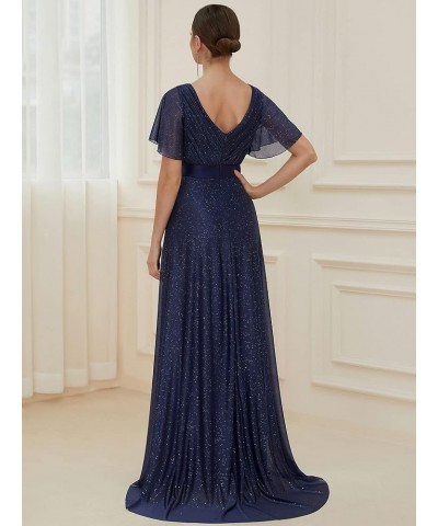 Womens Short Sleeves A-line Sparkle Formal Dresses 50159 Navy Blue $36.71 Dresses