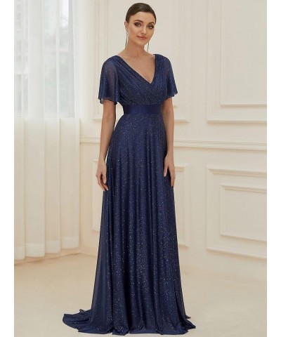 Womens Short Sleeves A-line Sparkle Formal Dresses 50159 Navy Blue $36.71 Dresses