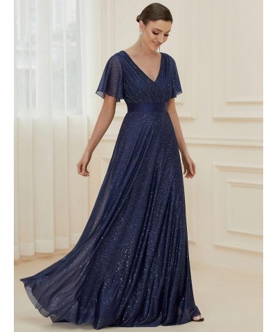 Womens Short Sleeves A-line Sparkle Formal Dresses 50159 Navy Blue $36.71 Dresses