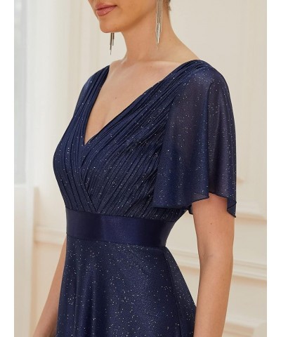 Womens Short Sleeves A-line Sparkle Formal Dresses 50159 Navy Blue $36.71 Dresses