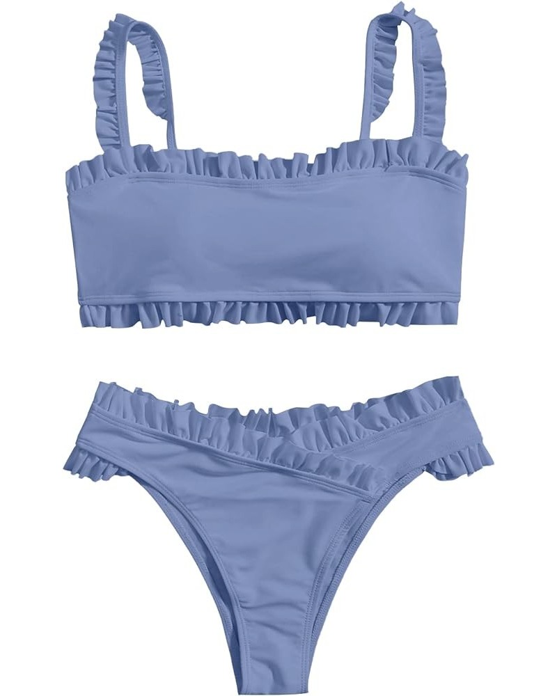 Women's Bathing Suits Spaghetti Strap Ruffle Wrap Bikini Set Two Piece Swimsuits Haze Blue $23.36 Swimsuits