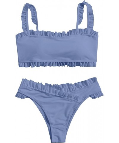 Women's Bathing Suits Spaghetti Strap Ruffle Wrap Bikini Set Two Piece Swimsuits Haze Blue $23.36 Swimsuits