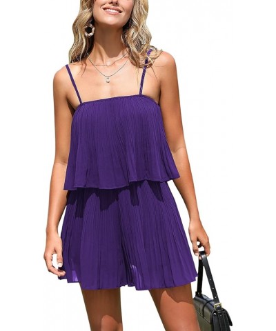 Womens 2024 Summer Romper Dress Spaghetti Strap Pleated Fashion Short Jumpsuit Outfits Dark Purple $21.07 Rompers