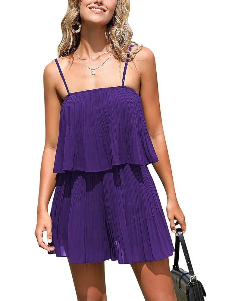 Womens 2024 Summer Romper Dress Spaghetti Strap Pleated Fashion Short Jumpsuit Outfits Dark Purple $21.07 Rompers