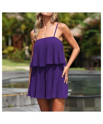 Womens 2024 Summer Romper Dress Spaghetti Strap Pleated Fashion Short Jumpsuit Outfits Dark Purple $21.07 Rompers