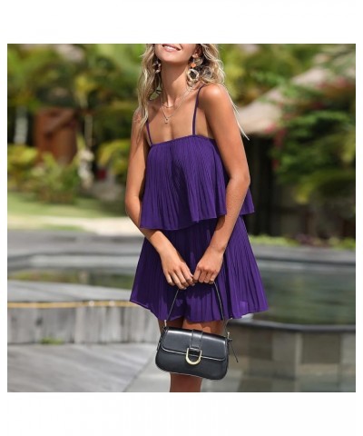 Womens 2024 Summer Romper Dress Spaghetti Strap Pleated Fashion Short Jumpsuit Outfits Dark Purple $21.07 Rompers