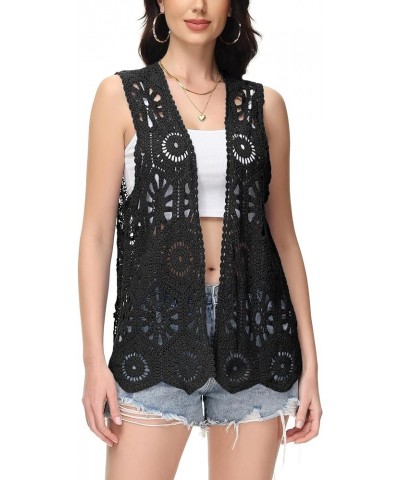 Womens Floral Crochet Cardigan Lace Trim Sleeveless Open Front Vest Black $18.23 Sweaters