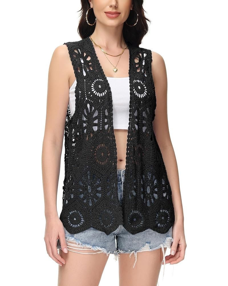 Womens Floral Crochet Cardigan Lace Trim Sleeveless Open Front Vest Black $18.23 Sweaters