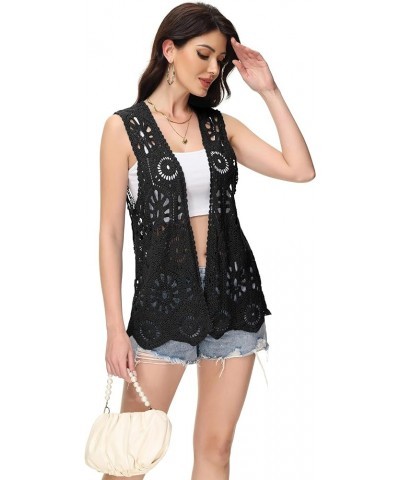 Womens Floral Crochet Cardigan Lace Trim Sleeveless Open Front Vest Black $18.23 Sweaters