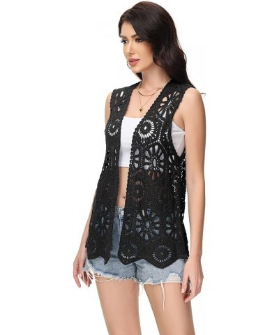 Womens Floral Crochet Cardigan Lace Trim Sleeveless Open Front Vest Black $18.23 Sweaters