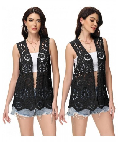 Womens Floral Crochet Cardigan Lace Trim Sleeveless Open Front Vest Black $18.23 Sweaters