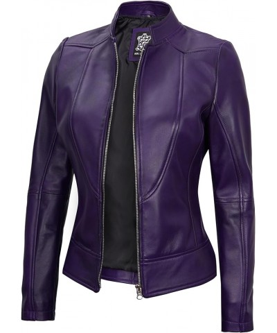 Brown Leather Jacket Women - Cafe Racer Leather Biker Style Casual Jackets For Womens Purple - Amy Leather Jacket Women $79.5...