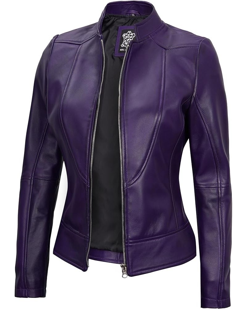 Brown Leather Jacket Women - Cafe Racer Leather Biker Style Casual Jackets For Womens Purple - Amy Leather Jacket Women $79.5...