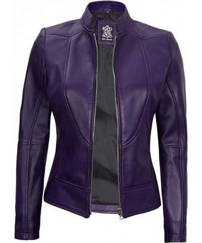 Brown Leather Jacket Women - Cafe Racer Leather Biker Style Casual Jackets For Womens Purple - Amy Leather Jacket Women $79.5...