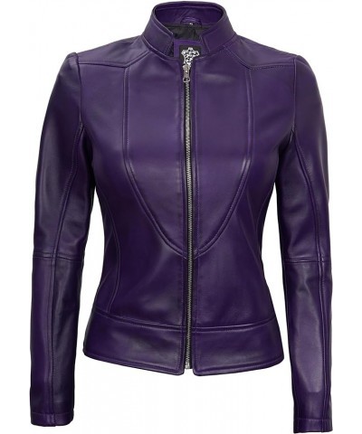 Brown Leather Jacket Women - Cafe Racer Leather Biker Style Casual Jackets For Womens Purple - Amy Leather Jacket Women $79.5...