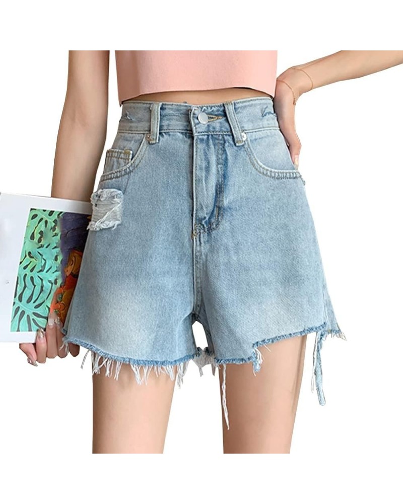 Jeans Shorts for Teen Girls Women High Waist Flower Frayed Raw Hem Pocket Straight Leg Slim Fit A Line Denim Shorts M-blue $1...